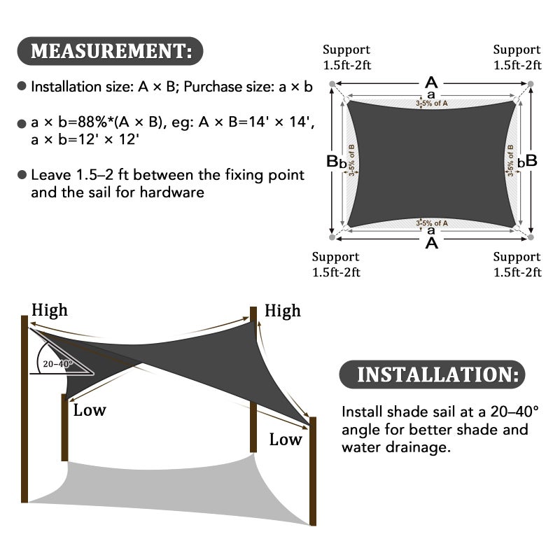Shade&Beyond 12'x12' Sun Shade Sails Curved Canopy Rectangular Dark Grey 185GSM Shade Sail Permeable for Patio Deck Yard Backyard, (We Make Custom Size) - Image 5